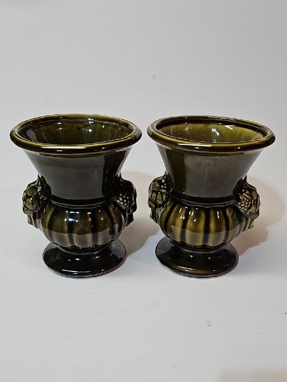 McCoy Floraline Olive Green 535 USA Ceramic Pair of Urn Vases